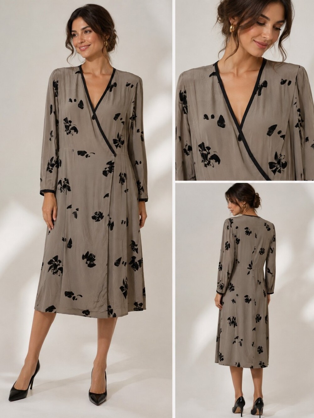 Nora Noh Vintage 100% Silk Floral Wrap Midi Dress Size 10 Taupe Black